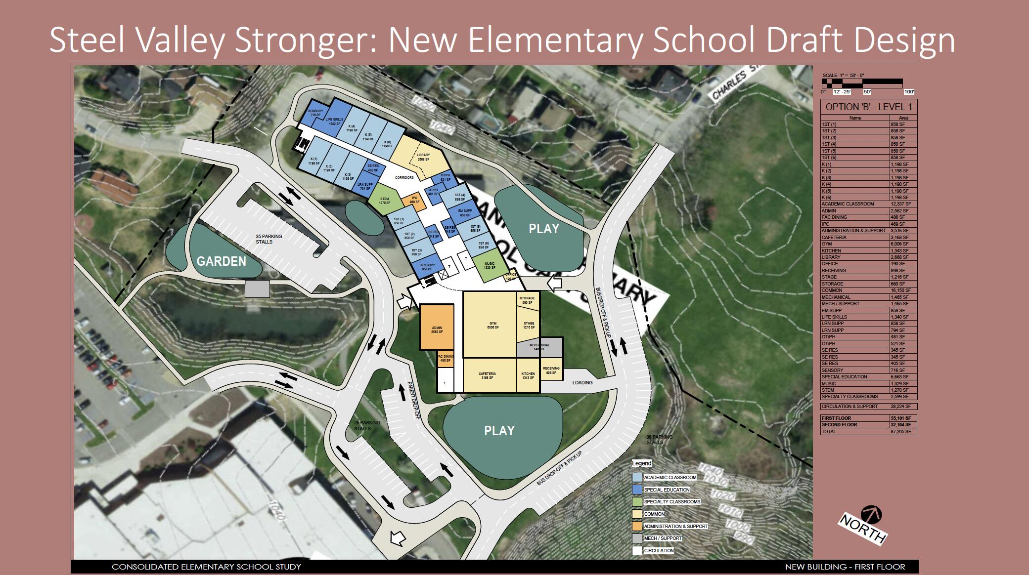 A screenshot of a proposed design for a new elementary school building on the main Steel Valley campus. The image shows that the proposed building would replace the current Franklin building and neighbor the middle school and high school