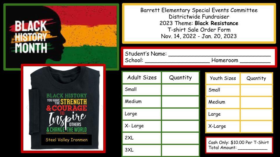 A an order form for the Barrett Black History Month T-Shirt Sale