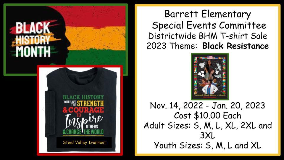 A graphic advertising the Barrett Black History Month T-Shirt Sale