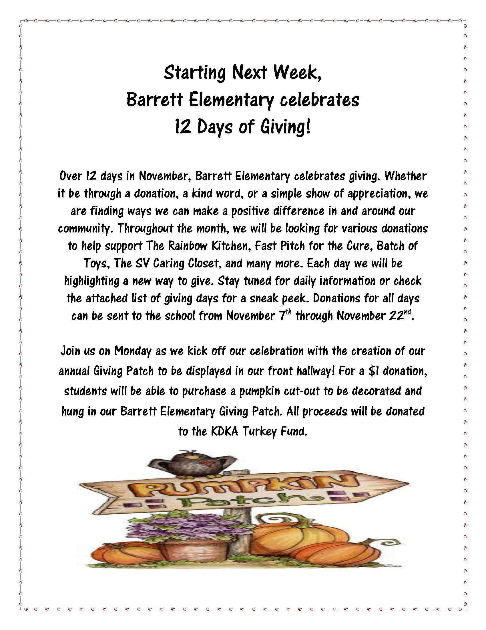 An image advertising the start of Barrett Elementary's 12 Days of Giving, running from Nov. 7 to Nov. 12