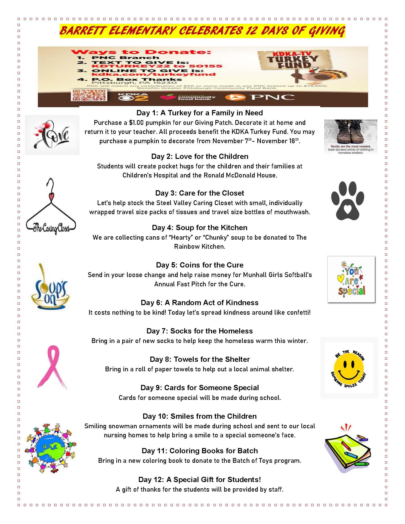 An image advertising the details of each day of donation of Barrett Elementary's 12 Days of Giving, running from Nov. 7 to Nov. 12