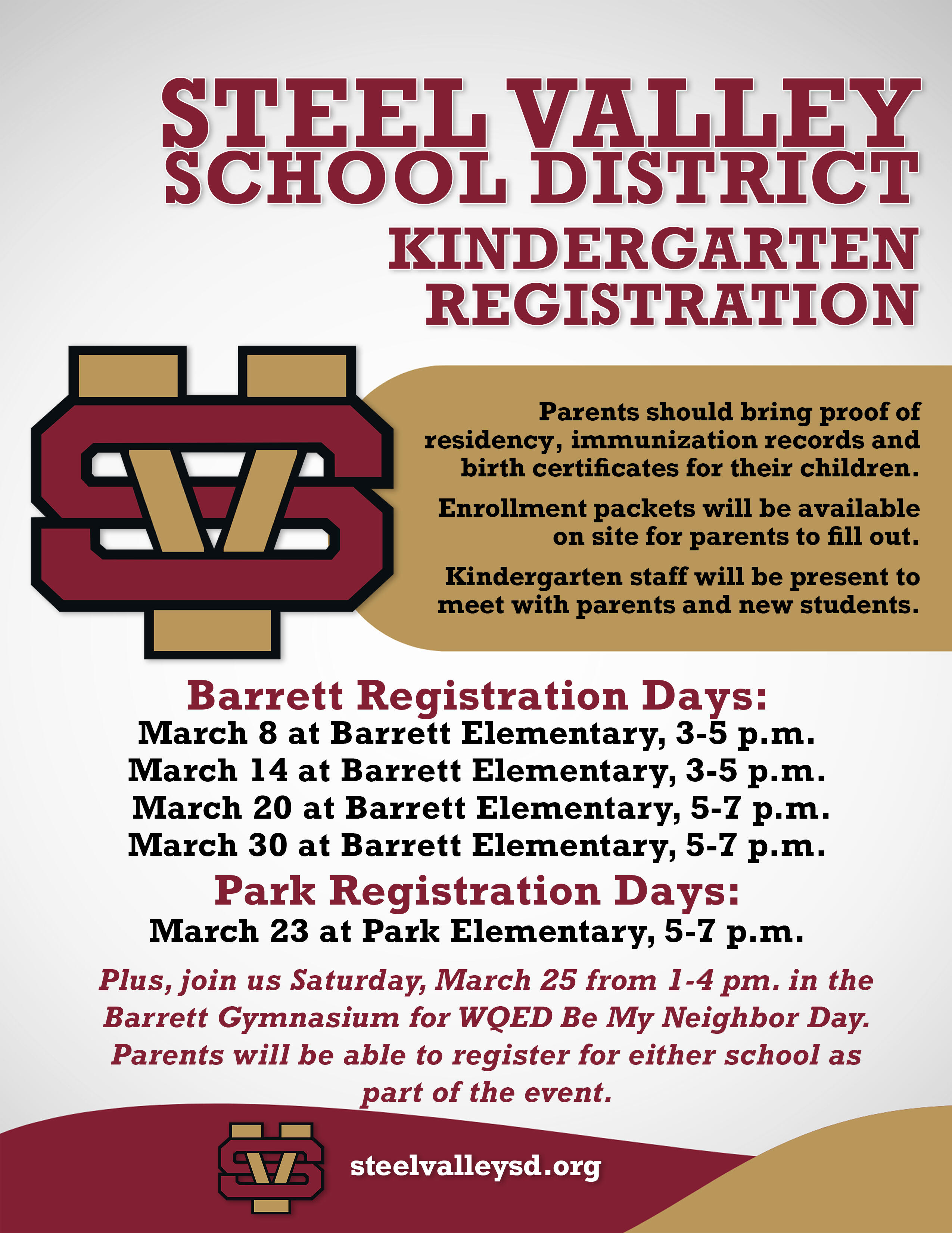 A flyer advertising various dates for kindergarten registration