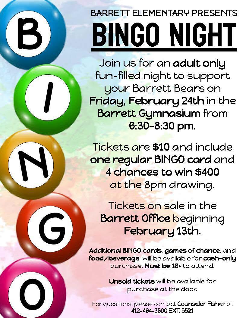 A flyer advertising a BINGO night at Barrett Elementary