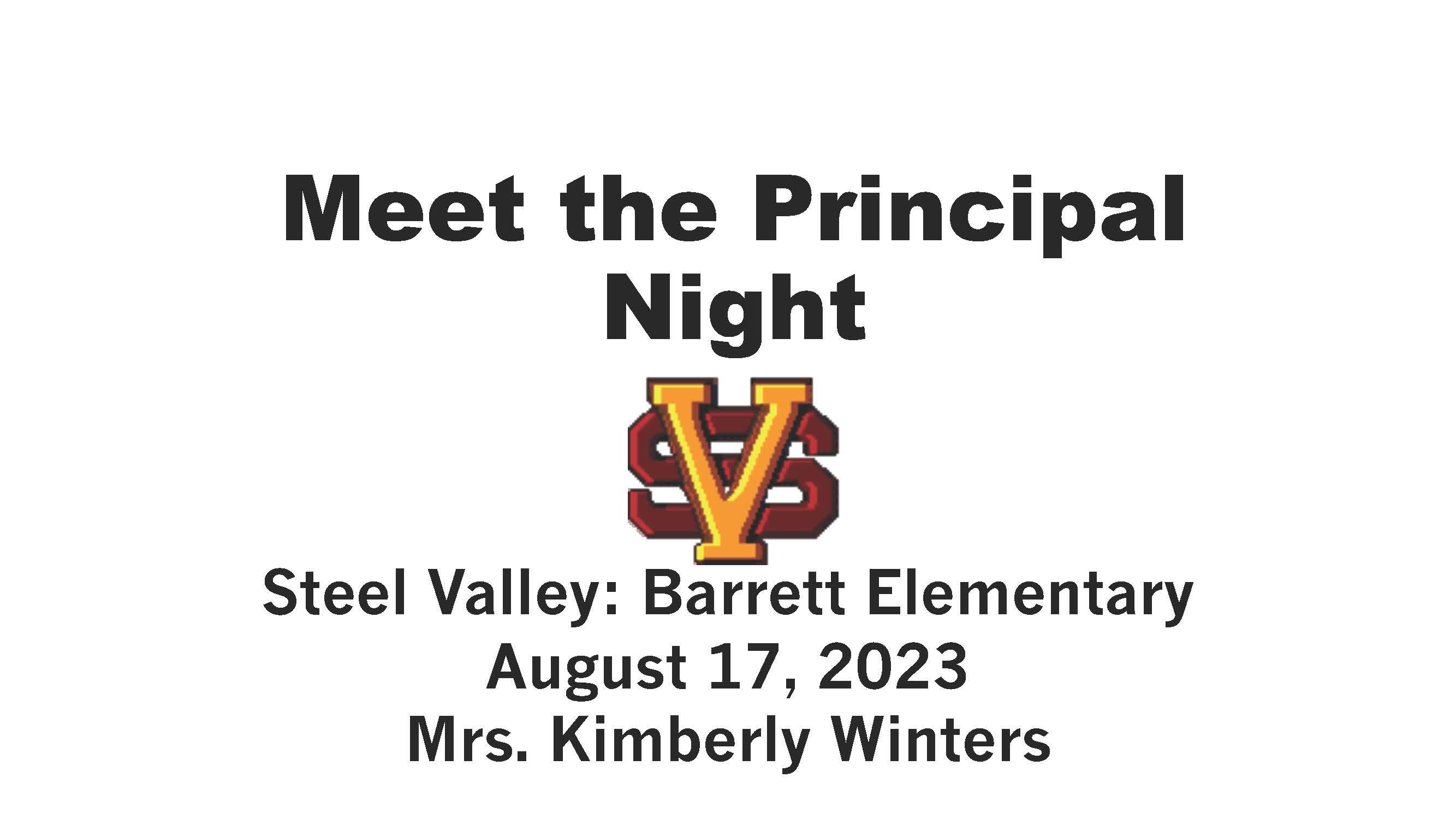An image from a slideshow welcoming parents to Barrett's Meet the Principal Night on August 17