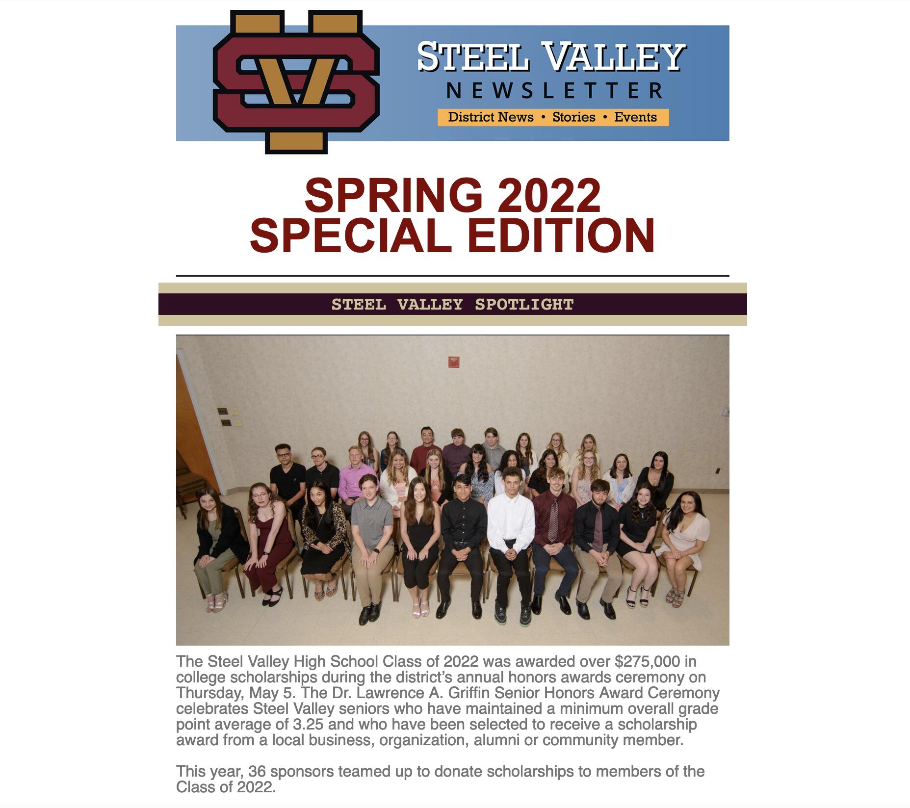 The front page of the Steel Valley April 2022 Monthly Newsletter. It includes a link to read the entire newsletter. 