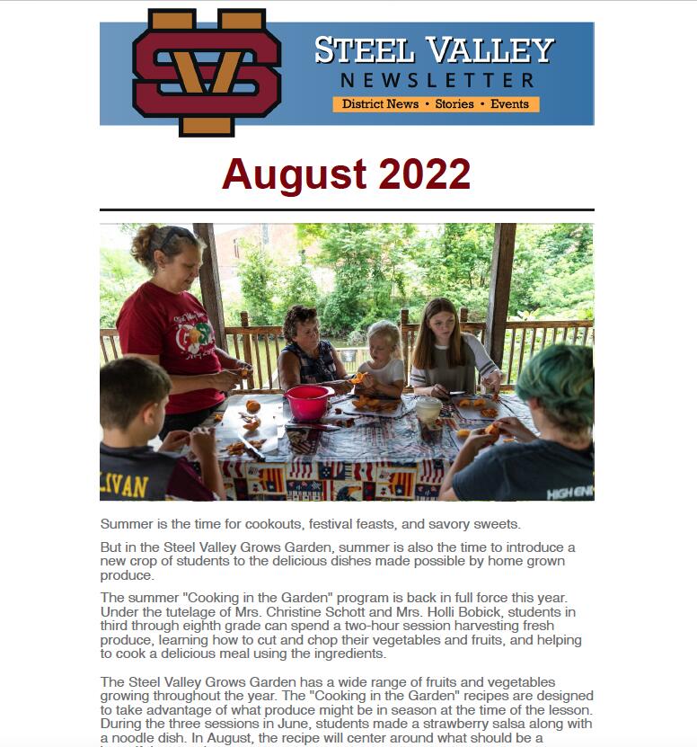 The front page of the Steel Valley July 2022 Monthly Newsletter. It includes a link to read the entire newsletter. 