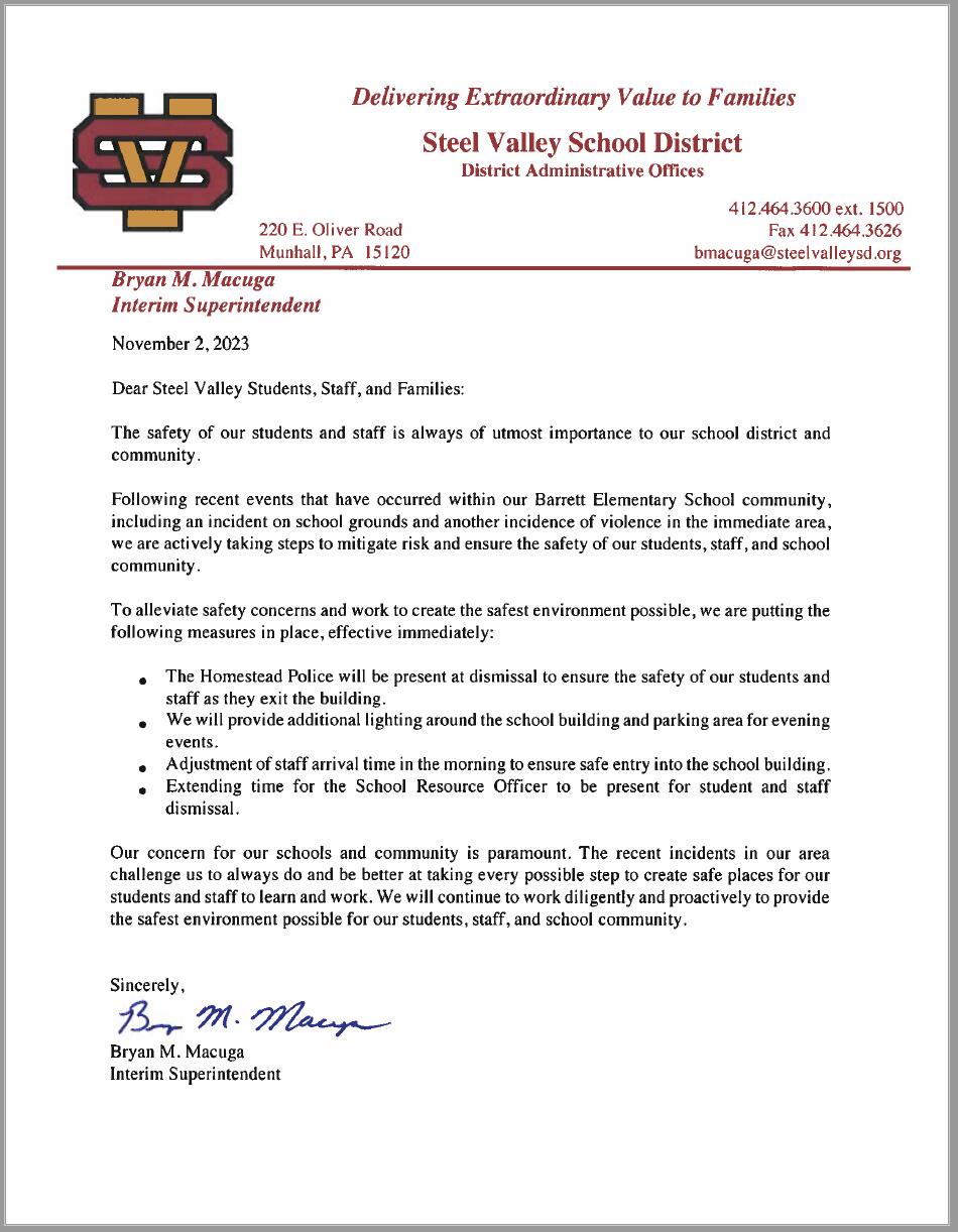 An image of the preceding text informing Steel Valley families of Bryan Macuga's appointment as interim superintendent