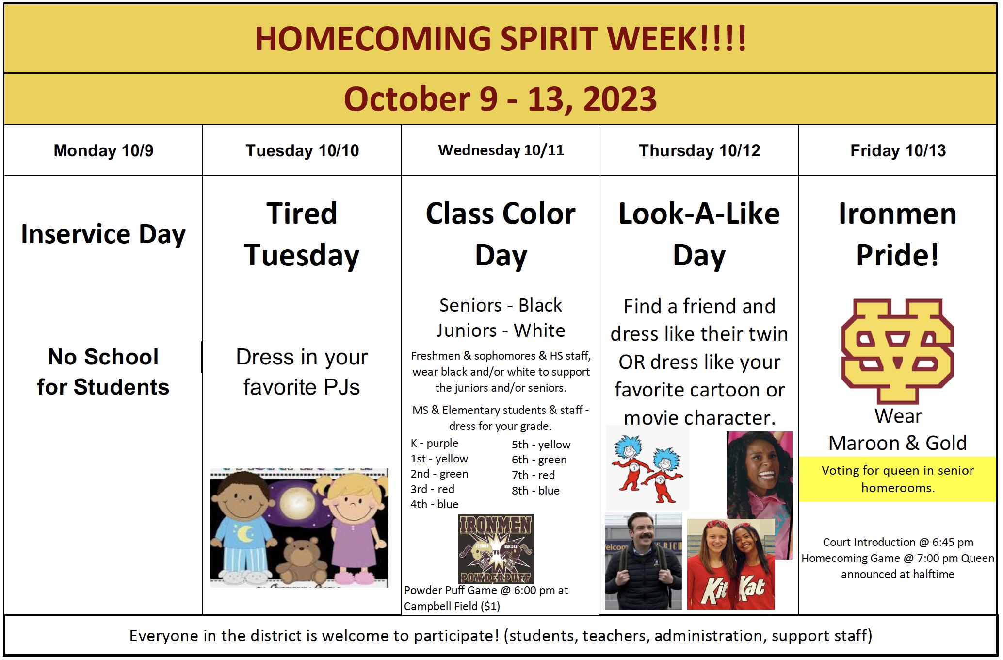 Spirit Week Calendar of Events