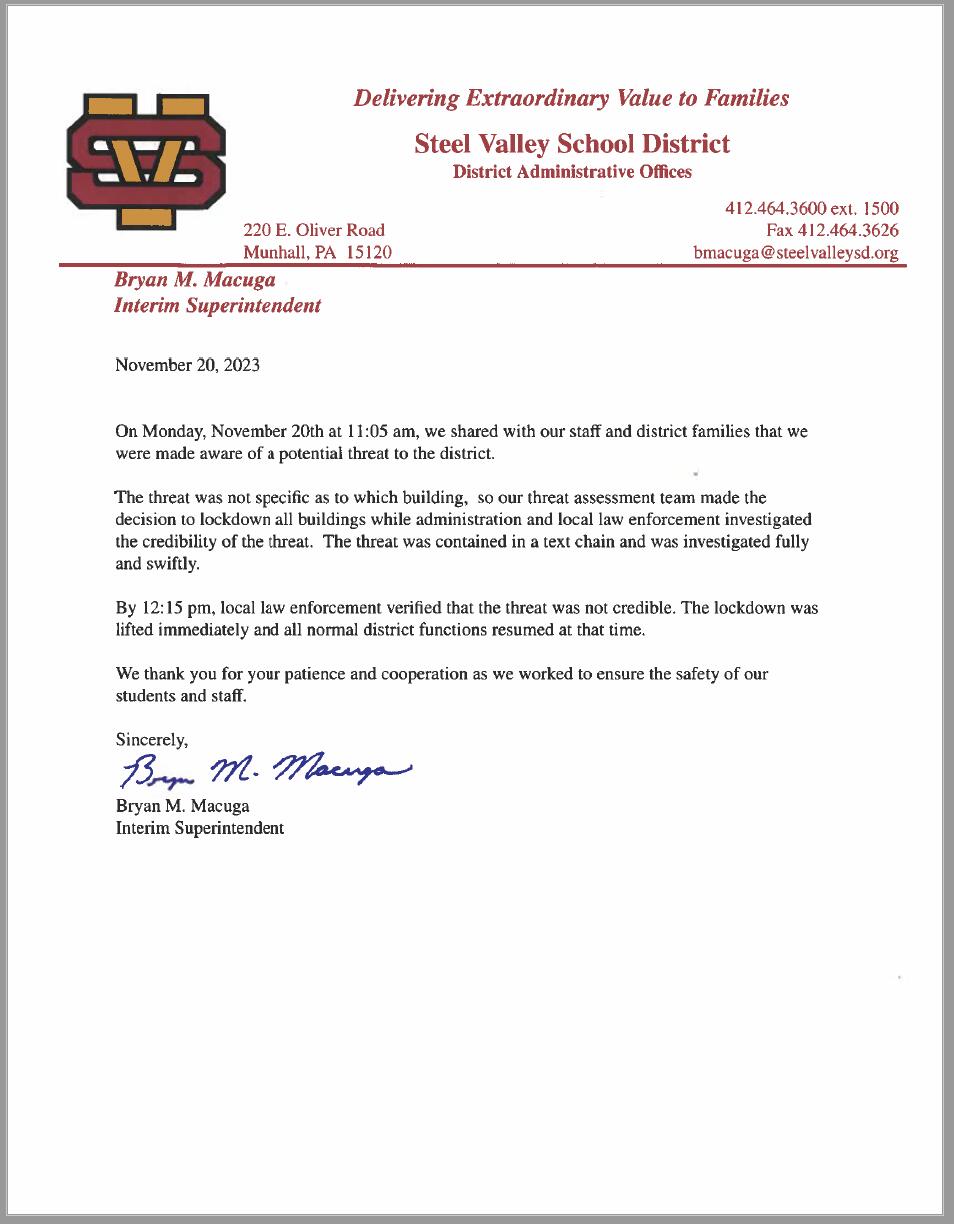 An image of the preceding text informing Steel Valley families of Bryan Macuga's appointment as interim superintendent