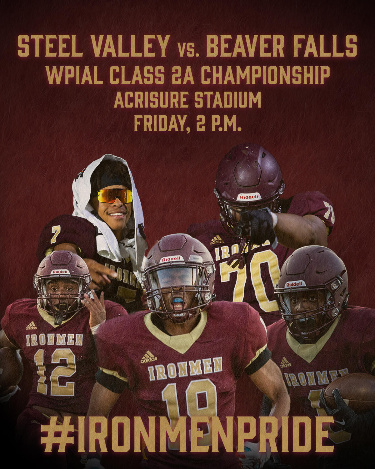 An illustrated image advertising the WPIAL Class 2A football championship between Steel Valley and Beaver Falls.