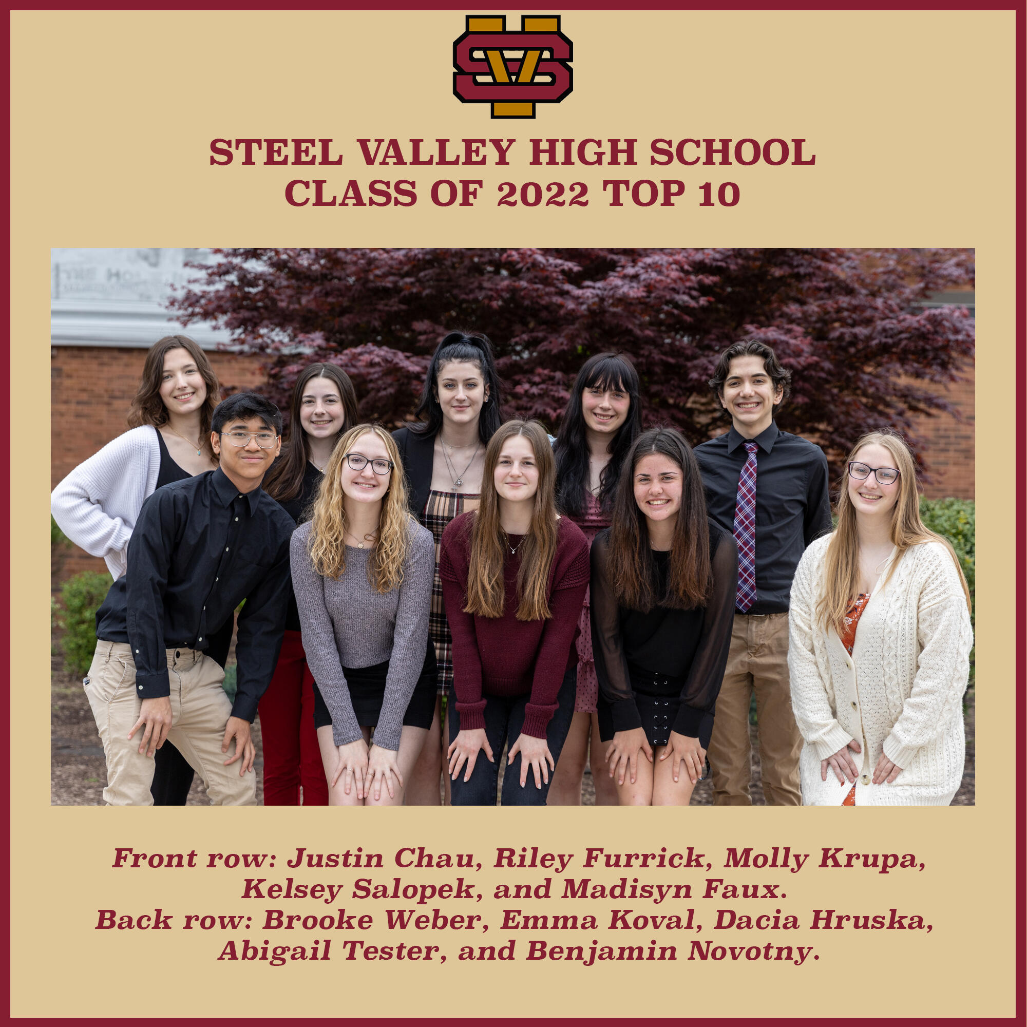 A graphic showcasing the Steel Valley Top 10 for the Class of 2022. The students pictured are Abigail Tester, Brooke Weber, Emma Koval, Dacia Hruska, Madisyn Faux, Kelsey Salopek, Justin Chau, Molly Krupa, salutatorian Riley Furrick, and valedictorian Benjamin Novotny.