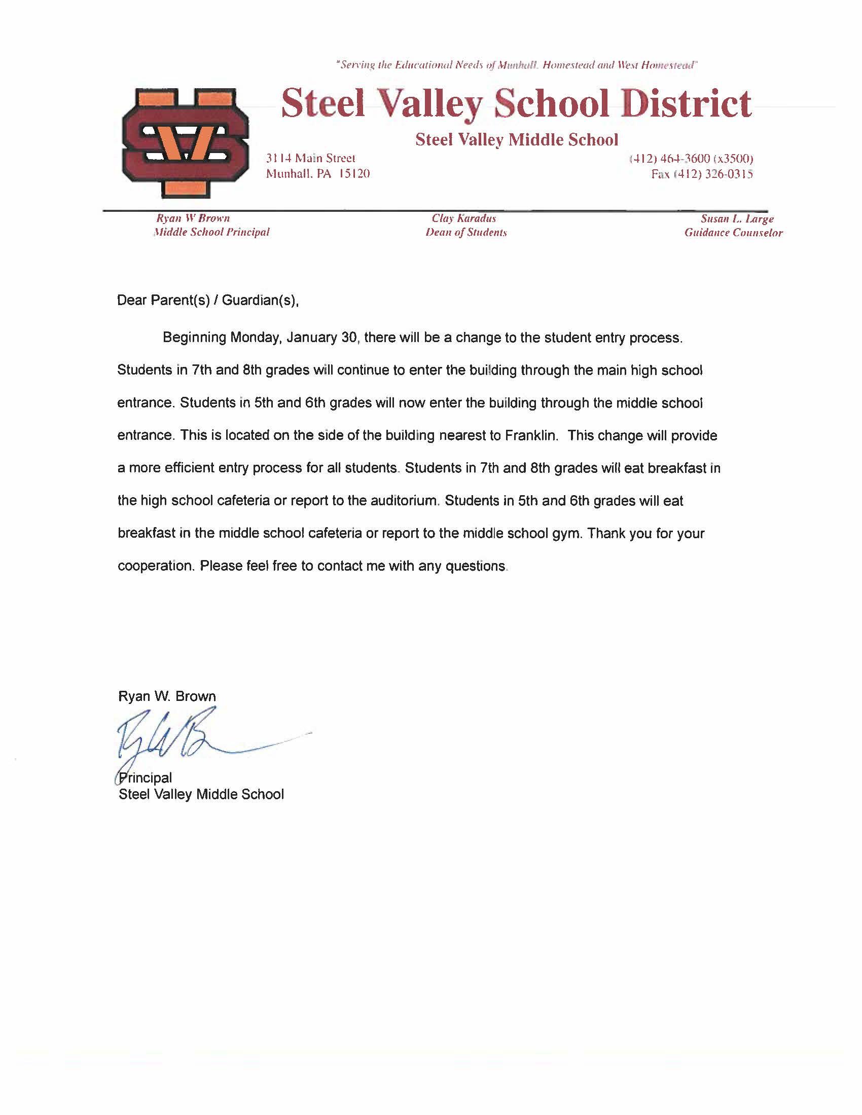 An image of the letter announcing changes to middle school entry procedures.